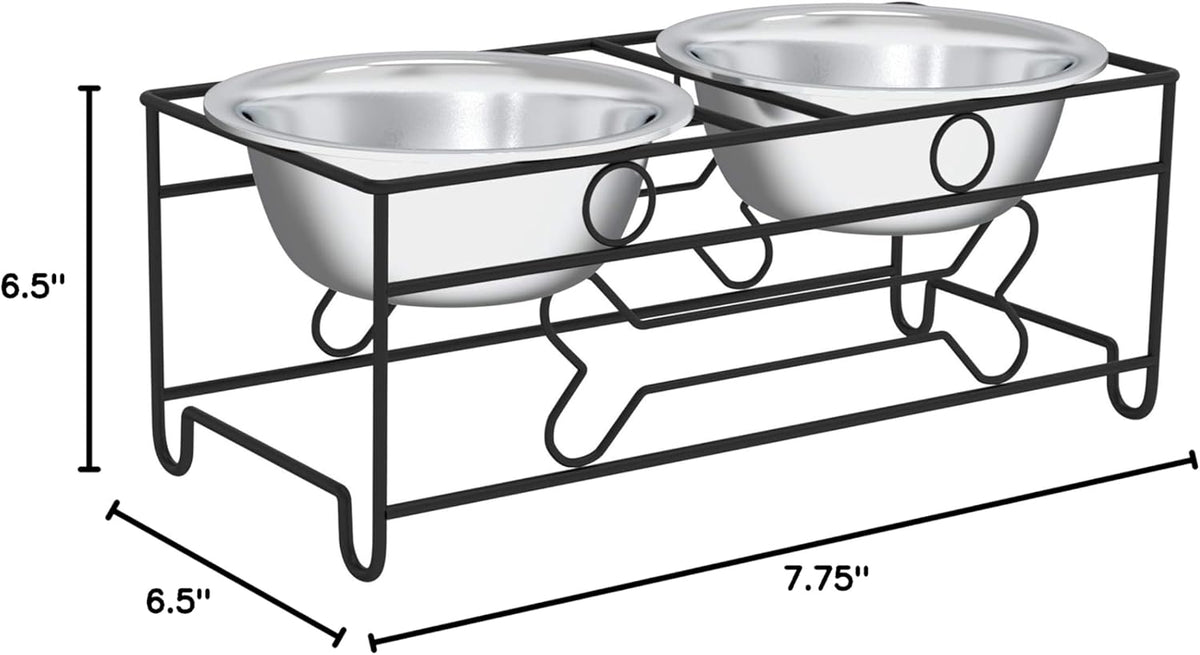 Dual Stainless Steel Dog Bowl Set with Decorative Stand (40 oz, Silver/Black)