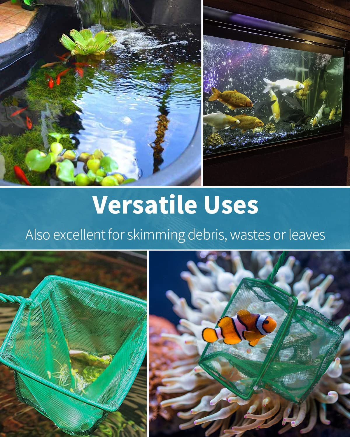 Square Mesh Aquarium & Pond Cleaning Net (Braided Metal Handle)