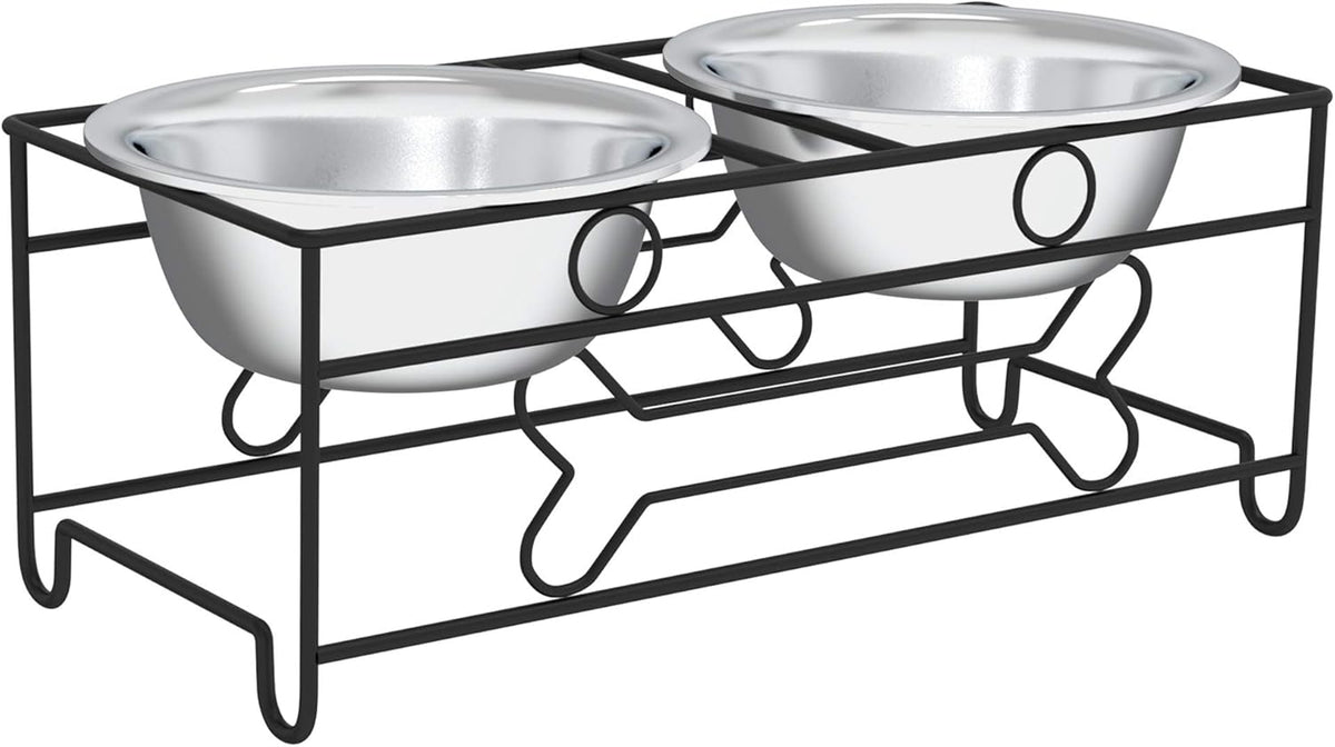 Dual Stainless Steel Dog Bowl Set with Decorative Stand (40 oz, Silver/Black)