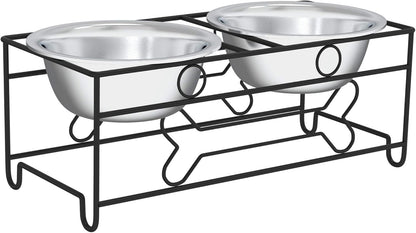 Dual Stainless Steel Dog Bowl Set with Decorative Stand (40 oz, Silver/Black)