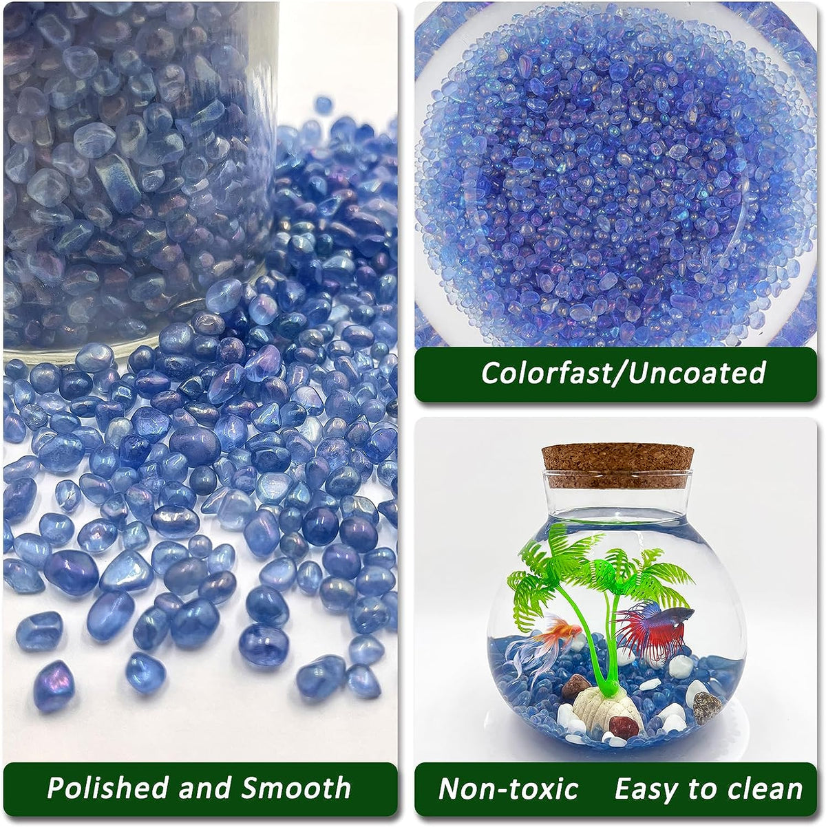 2.2 lbs Polished Aquarium Substrate Gravel & Sea Glass (Vibrant Blue)