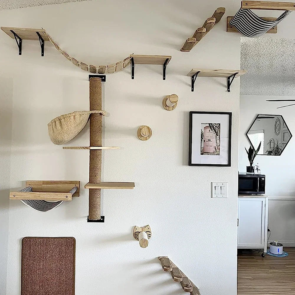 Multi-Level Wooden Cat Wall Furniture Set
