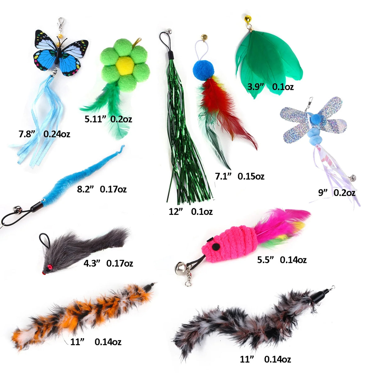11-Piece Cat Feather Teaser Refill Set with Bells
