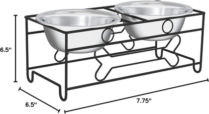 Dual Stainless Steel Dog Bowl Set with Decorative Stand (40 oz, Silver/Black)