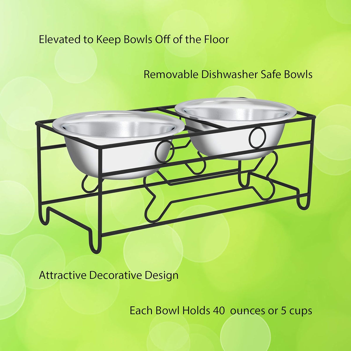 Dual Stainless Steel Dog Bowl Set with Decorative Stand (40 oz, Silver/Black)
