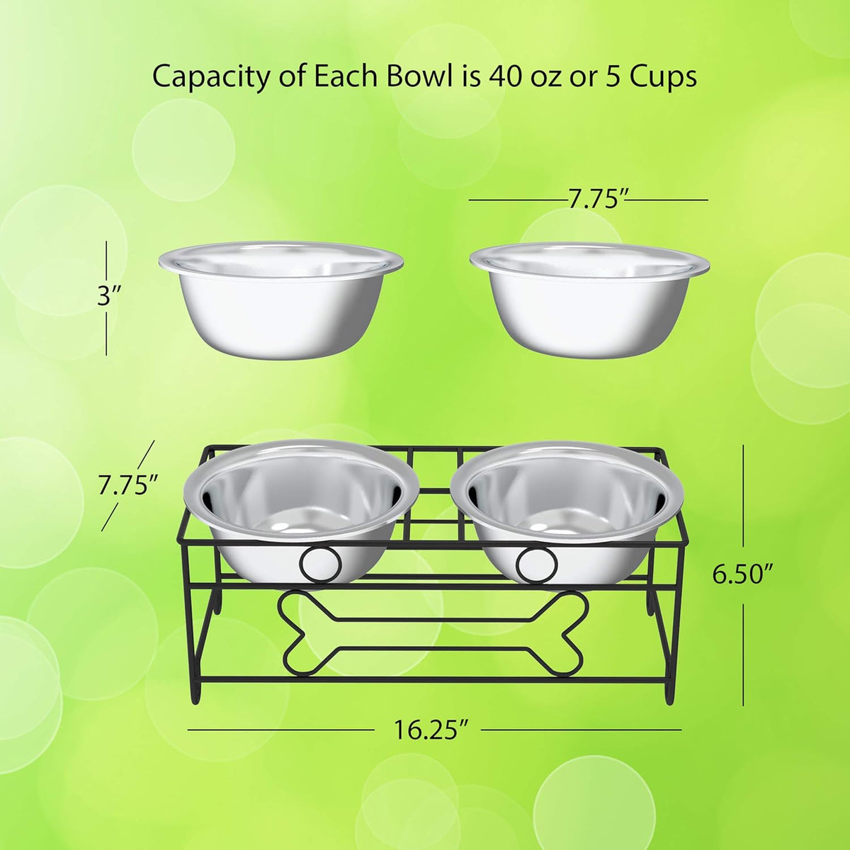 Dual Stainless Steel Dog Bowl Set with Decorative Stand (40 oz, Silver/Black)
