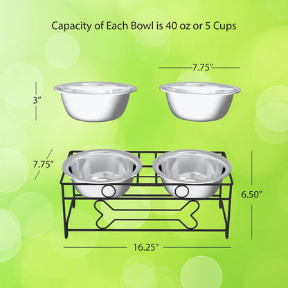Dual Stainless Steel Dog Bowl Set with Decorative Stand (40 oz, Silver/Black)