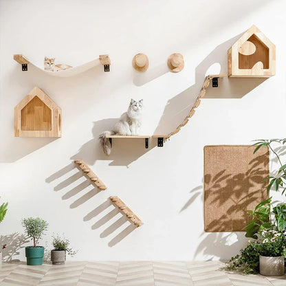 Multi-Level Wooden Cat Wall Furniture Set