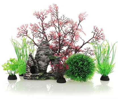 Small Aquarium Decoration Kit – Resin Rock Cave & 7 Plants