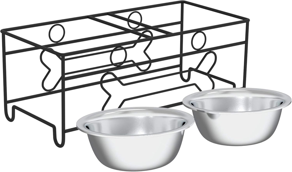 Dual Stainless Steel Dog Bowl Set with Decorative Stand (40 oz, Silver/Black)