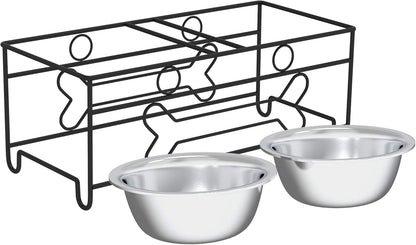 Dual Stainless Steel Dog Bowl Set with Decorative Stand (40 oz, Silver/Black)