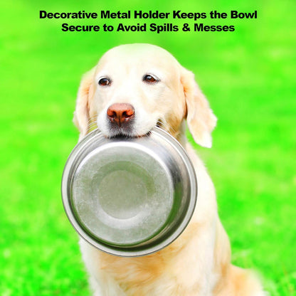 Dual Stainless Steel Dog Bowl Set with Decorative Stand (40 oz, Silver/Black)